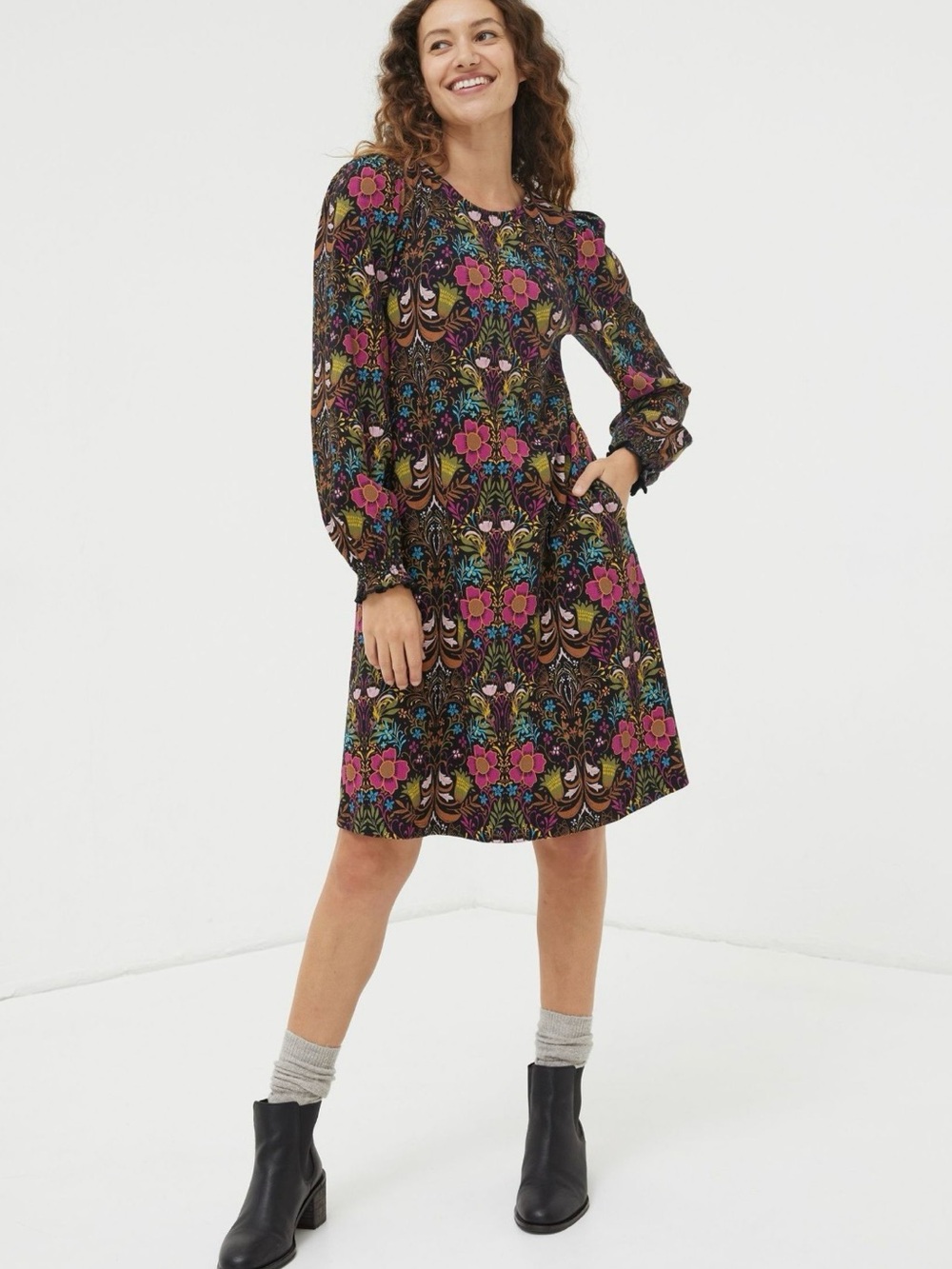 Fat Face Black Kareen Art Floral Dress